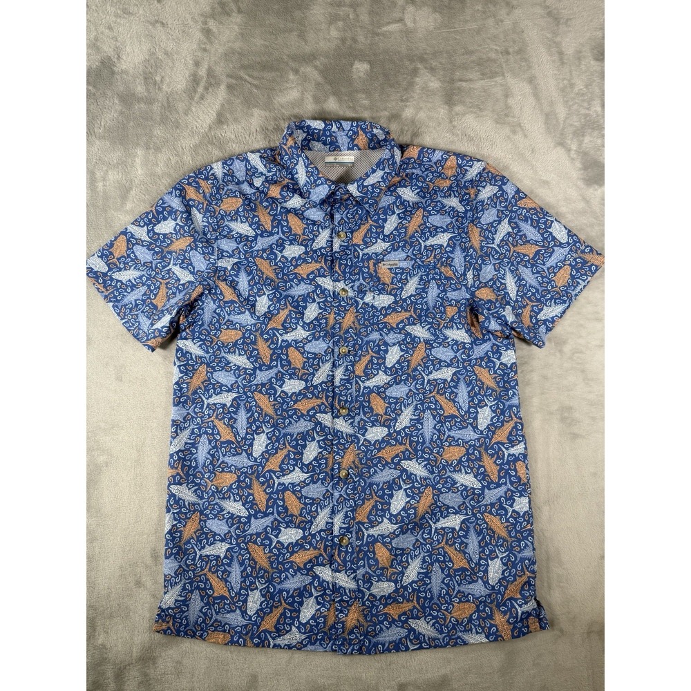 Columbia PFG Shirt Men's Small Blue Super Slack Tide Camp Button Up Fish AOP